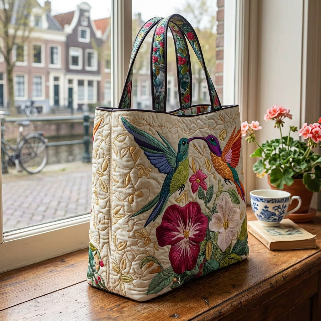Gewatteerde Tas - Kolibrie en Witte Bloemen - afbeelding 3