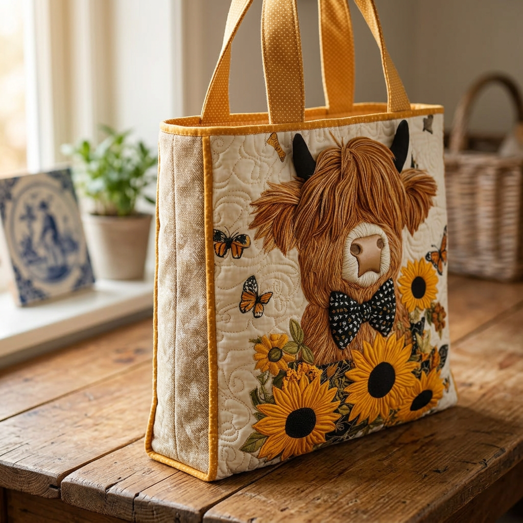 Gewatteerde Tas - Highland Koe met Zonnebloemen - afbeelding 3