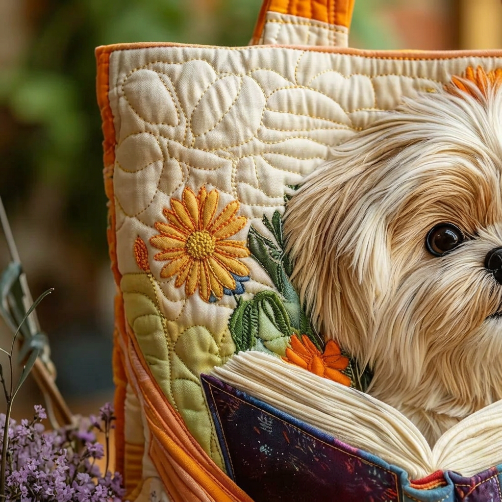 Ambachtelijke Tas - Shih Tzu met Boeken en Bloemen - afbeelding 3