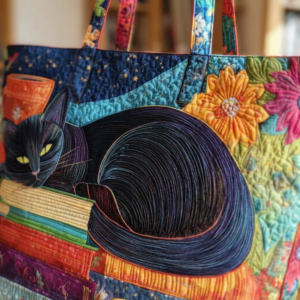 Ambachtelijke Tas - Zwarte Kat met Boeken en Kopjes - afbeelding 3