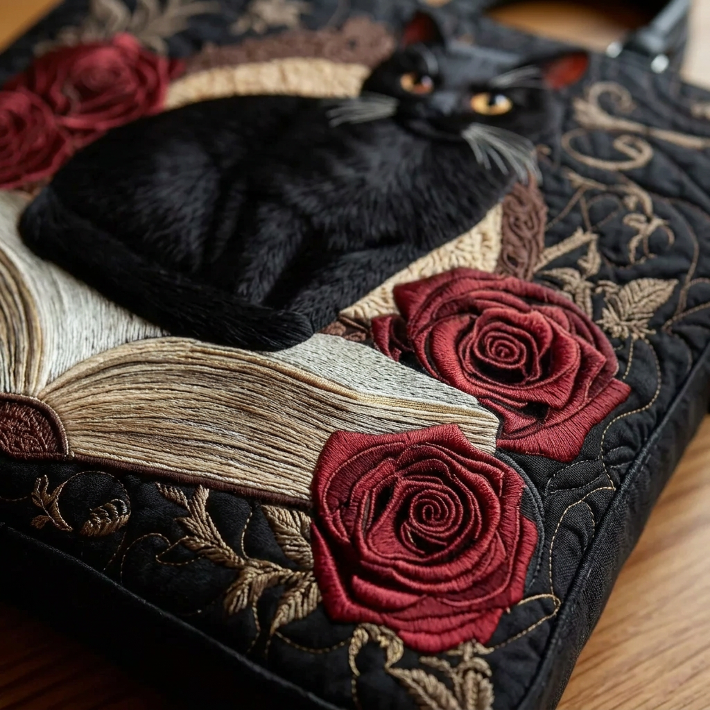 Gewatteerde Ambachtelijke Tas - Zwarte Kat op Boeken - afbeelding 4
