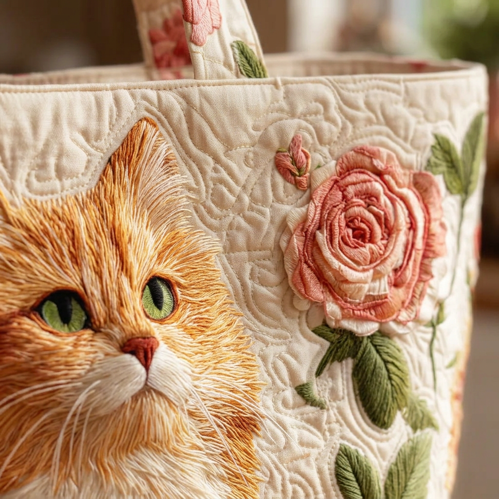 Ambachtelijke Tas - Rosse Kat met Rozen - afbeelding 3