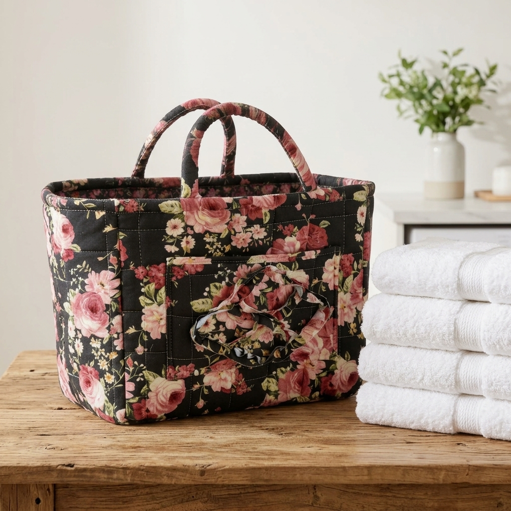 Vintage Gewatteerde Waskorf – Zwart & Botanische Bloemen - afbeelding 3
